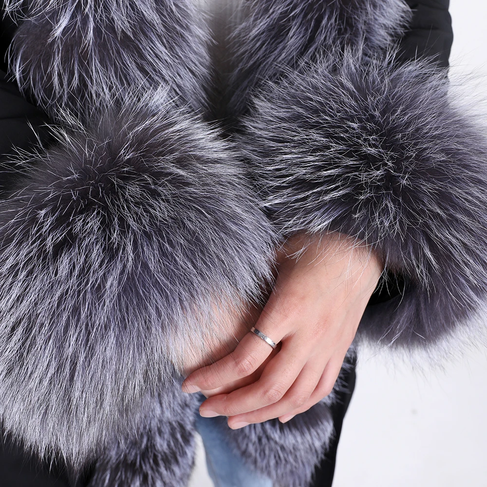 2024 Maomaokong New Winter Women's Fur Natural Real Rabbit Fur Lining Silver Fox Fur Collar Warm Parka Coat Black Long Coat