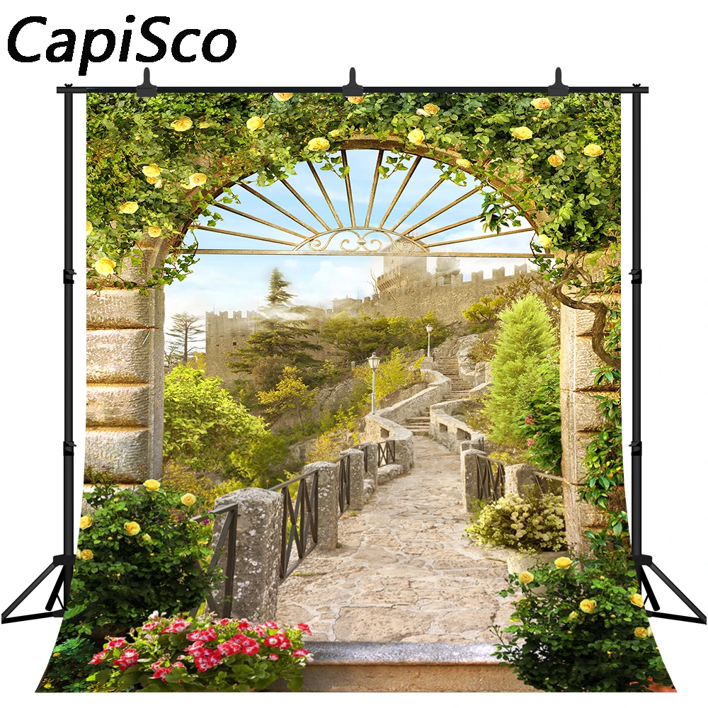 Capisco ฉากหลังสําหรับสตูดิโอถ่ายภาพหิน Arch Path ดอกไม้ฤดูใบไม้ผลิสวนต้นไม้พื้นหลัง Photobooth photocall Photo PROP