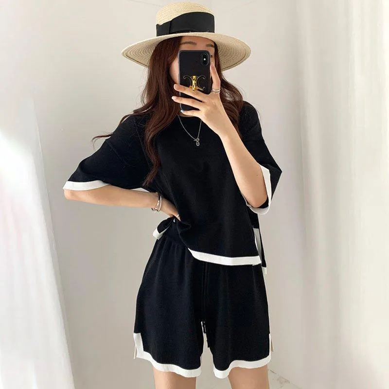 Korean Style Tracksuit Knitted Suit Summer Short Trouser+short Sleeve O-neck Pullover Shirt Fashion Shorts Suit Women Tracksuits