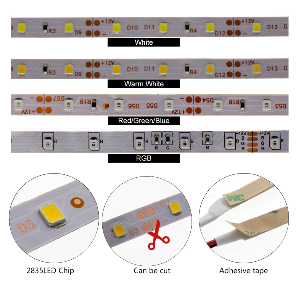 DC 12 V Volt Strip Led Light Tape 2835 RGB Waterproof 1 - 5 M 12V DC 60LED/M RGB Led Strip Tape Lamp Diode Flexible TV Backlight