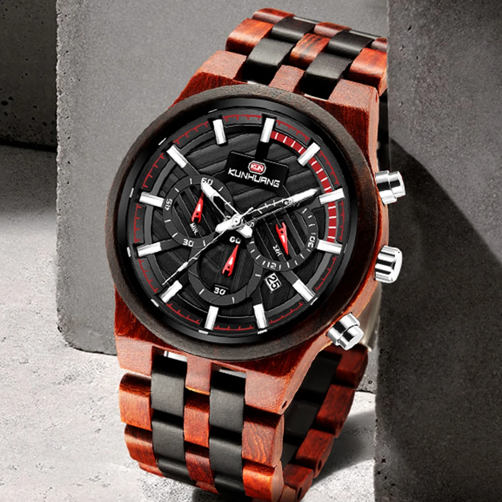 Natural Wooden Watch Men Military Sport Multi-function Chronograph Personalized Custom Casual Wood Quartz Men\'s Watch relogio