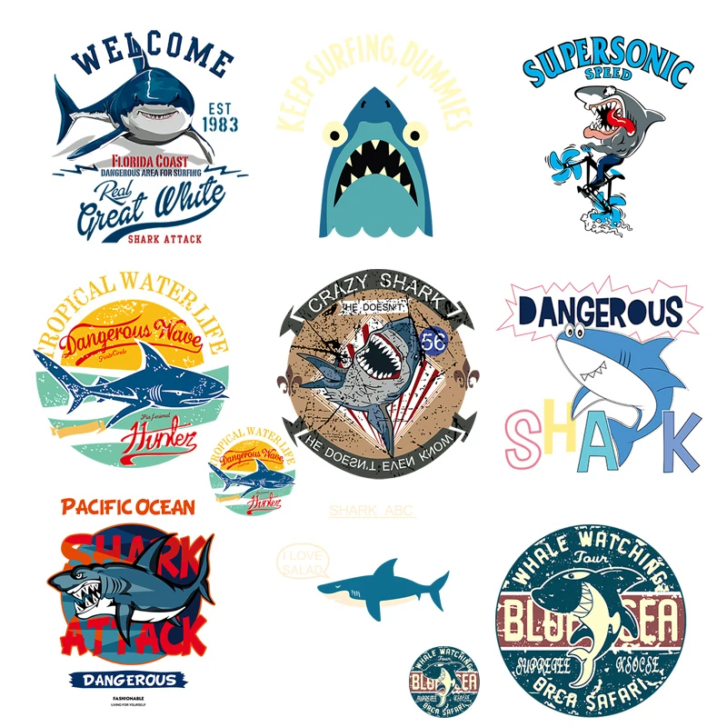 Fashion Shark Iron On Patches For DIY Heat Transfer Clothes T-shirt Thermal Transfer Stickers Decoration Printing For Children