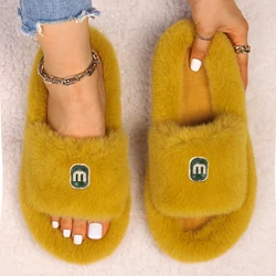 Women Sandals Fluffy Slippers Luxury Designer Letter Decor Furry Slides Flip Flops Faux Fur Slippers Female Brand Retro Shoes