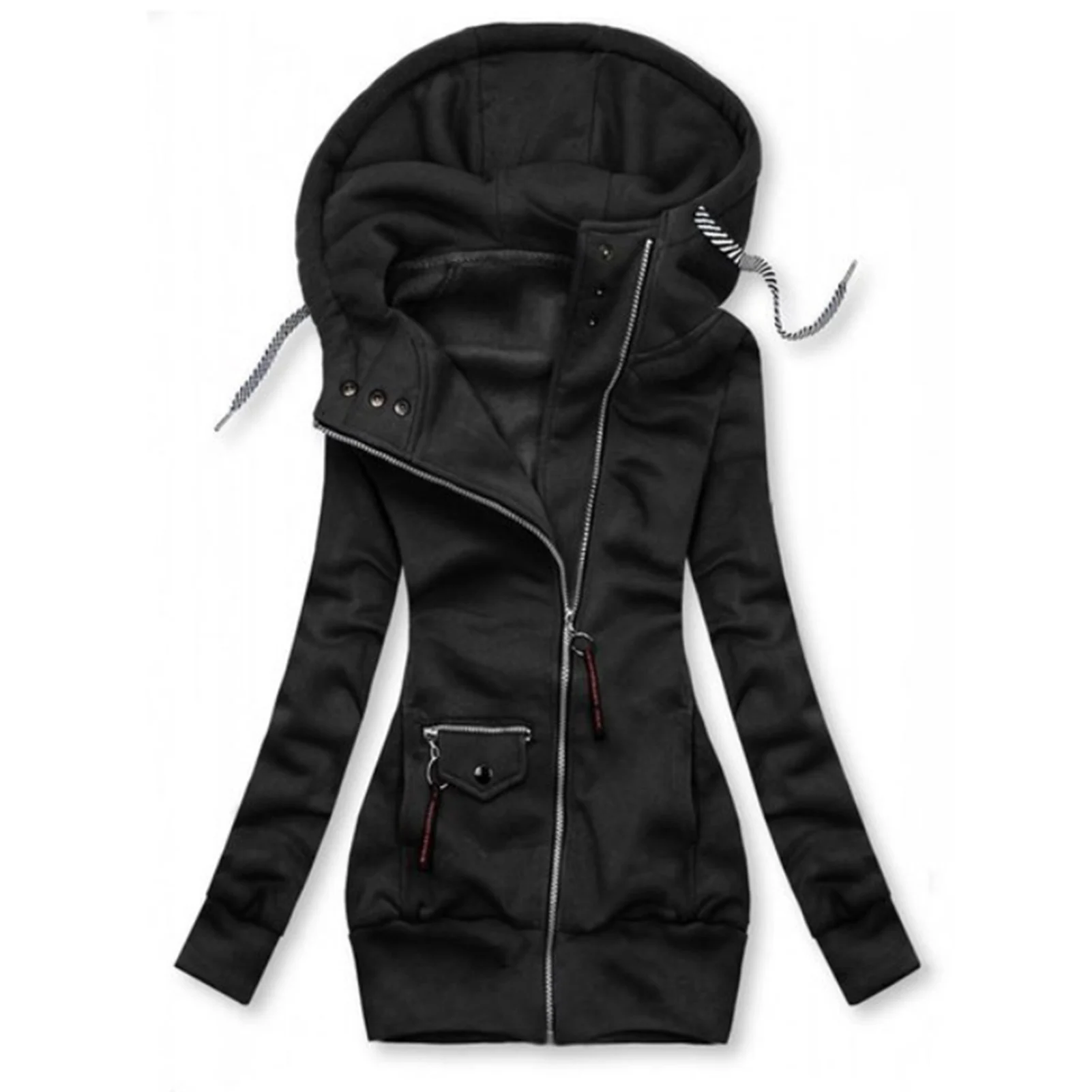 Women Fashion Long Sleeve Drawstring Hooded Slim Jacket Coat Zipper Outerwear