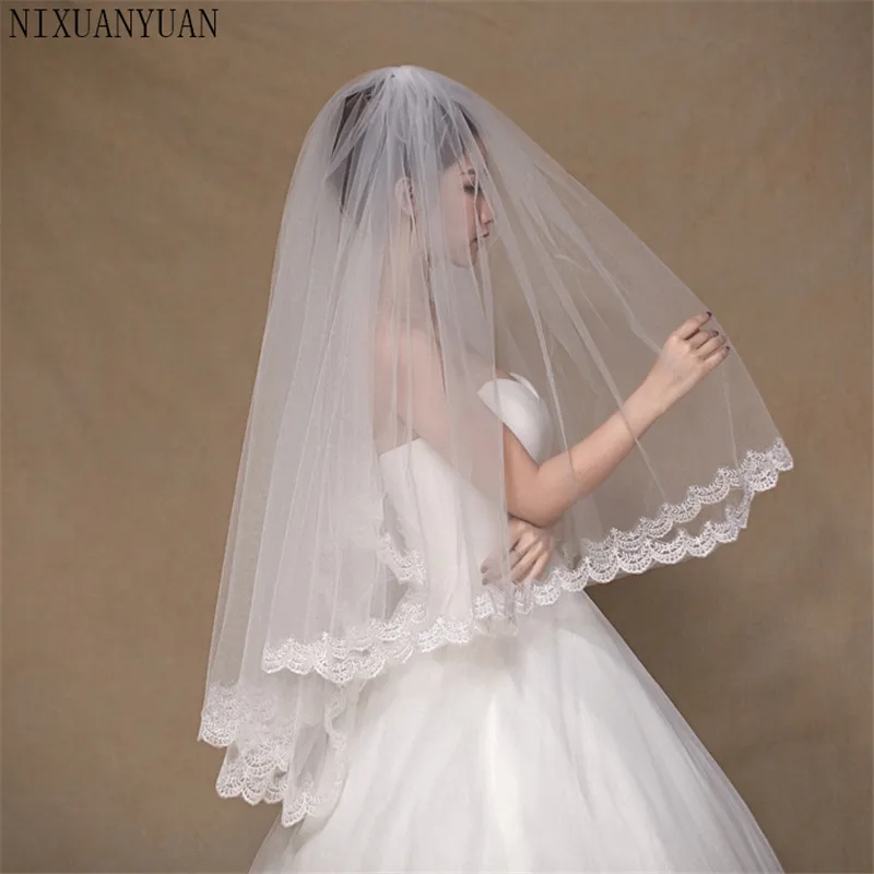 Nixuanyuan 2 Tier Bridal Veil Putih Gading Katedral Pendek Pernikahan Kerudung Renda Edge dengan Sisir Pengantin Kerudung