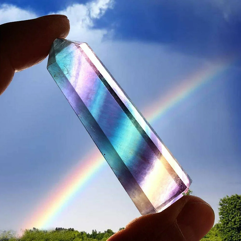 Natural Rainbow Fluorite Quartz Crystal Point Reiki Healing Hexagonal Wand Home Decor (1.9