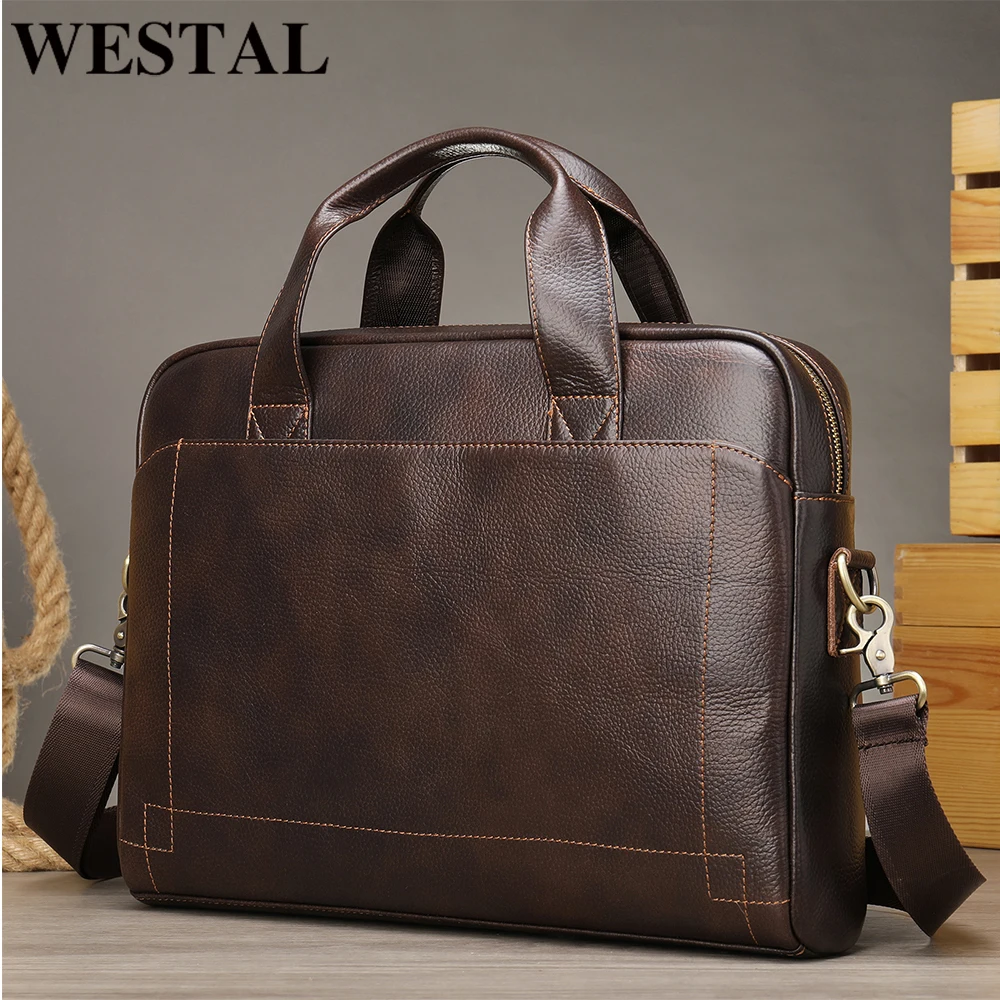 WESTAL Men\'s Genuine Leather Laptop Bag Men\'s Briefcase Office Bags For Men Natural Leather Briefcase Porte-Documents Bags  5006