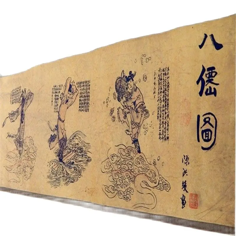 The Eight Immortals Pretty Chinese Ancient Painting 8 Gods Silk Paper Scroll