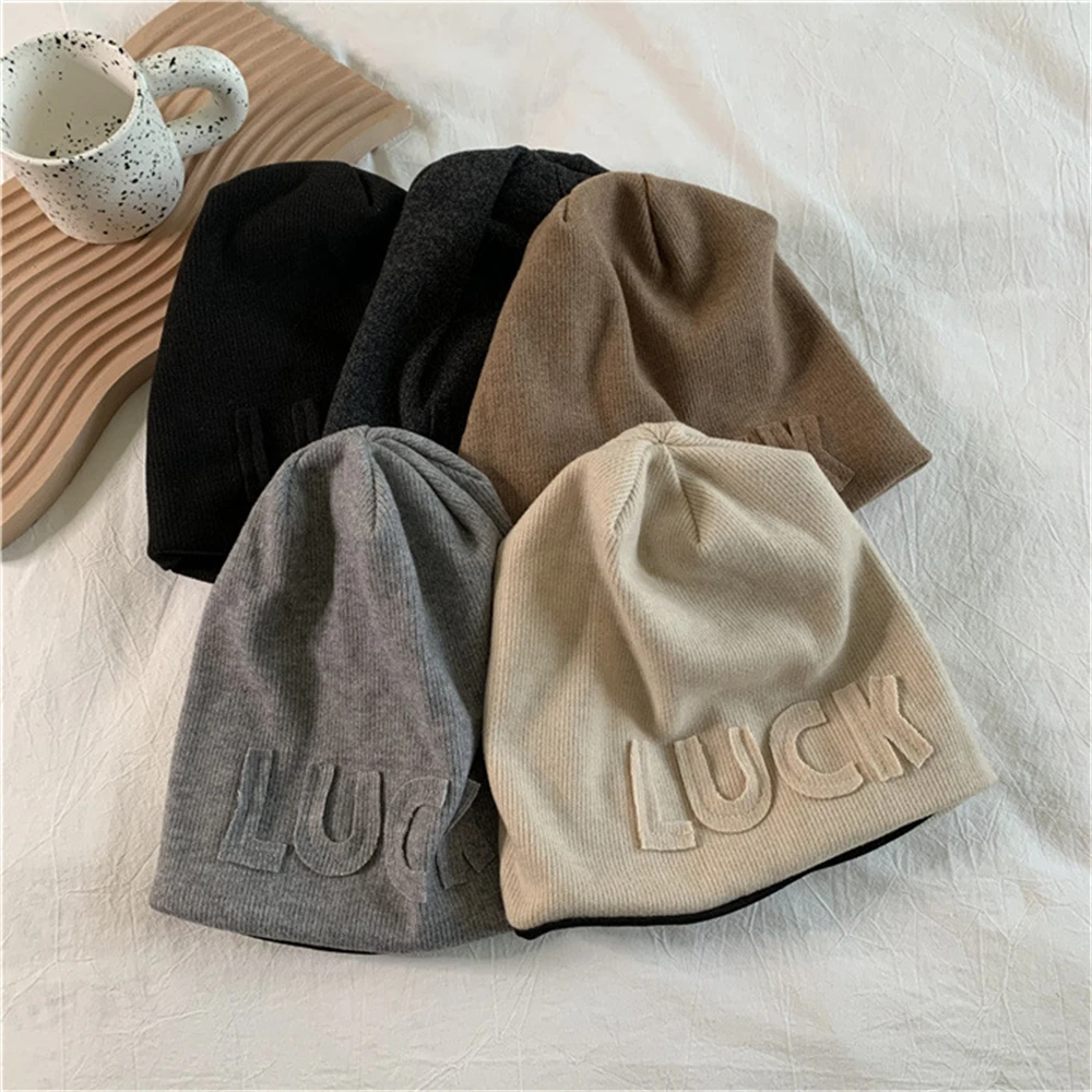 Loose Big Head Knitted Hat Autumn and Winter Japanese-Style Woolen Luck Letter Hat Unisex Dome Ear Cap Clothing Accessories