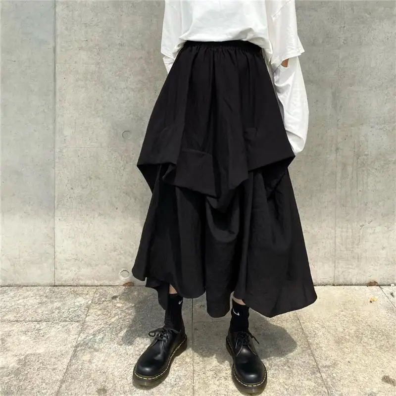 

Ladies Half Skirt Spring And Autumn New Solid Color Elastic Waist Two Layer A Skirt Design Irregular Asymmetrical Skirt