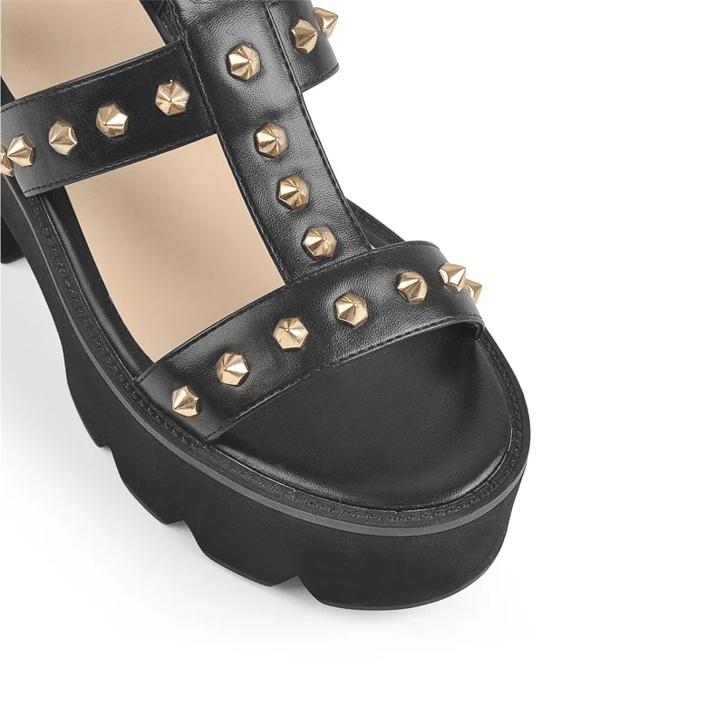 Onlymaker Women Summer Chunky Heel Platform Sandals Ankle Buckle Metal Rivet Matte Black Soft PU Leather Large Size Sandals