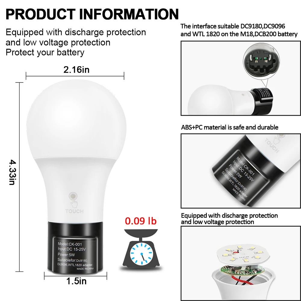 LED Light Bulb Compatible with Dewalt DCA1820 18V 20V Battery Adapter & DCB184 DCB606 DC9180 DC9096 DE9096 Milwaukee 18V M18