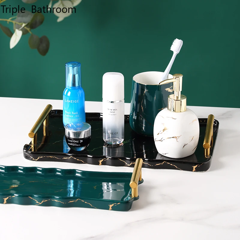 

Nordic Marble Stripes Ceramics Tray Rectangle Bathroom Wash Set Toothbrush Holder Mouth Cup Lotion Bottle Storage Holder