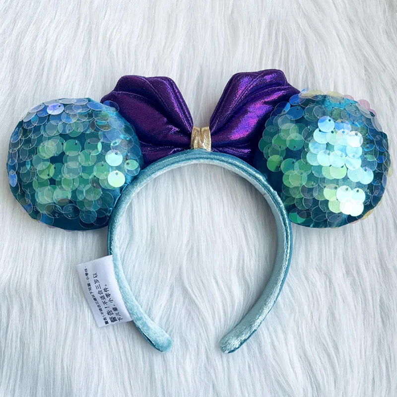 Disney Mickey Ears Headbands Mermaid Ariel Princess Sequin Bows Headwear Fashion Headdress Cosplay Plush Kids Headband Gift