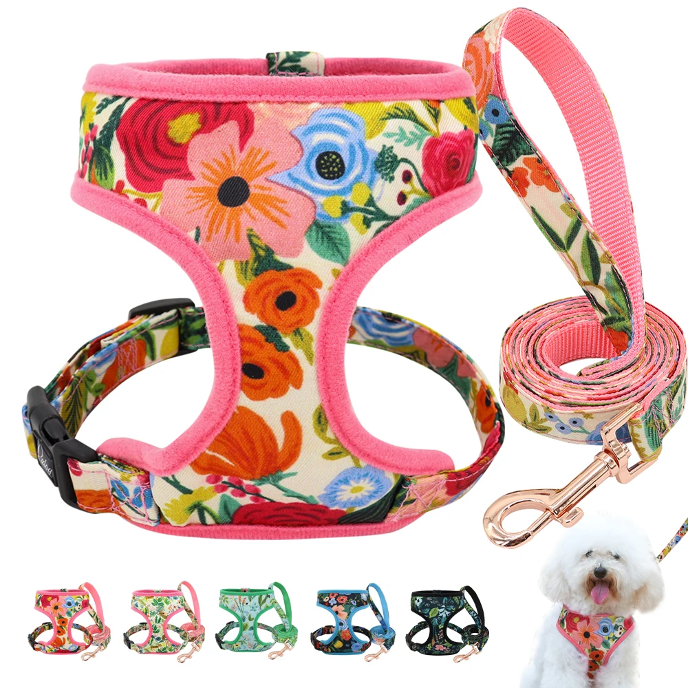 Print Flower Dog Harness Leash Set Forest Floral Pet Puppy Harness Vest Leashes Adjustable for Small Medium Large Dogs Chihuahua