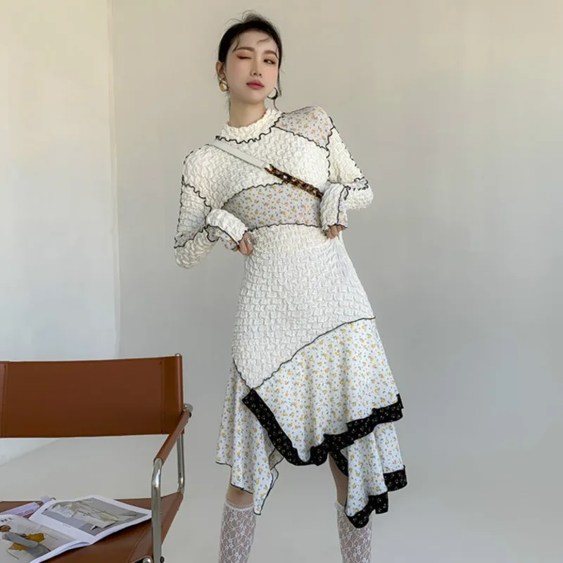 

Black And White Stitching Floral Knitted Dress Women High Waist Patchwork Dresses 2022 Spring Autumn Fashion Tide C541