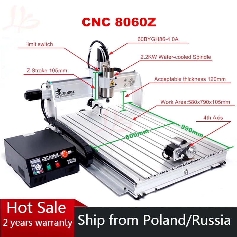 USB Port CNC 8060 Wood Router Metal Engraver Engraving Machine 4axis 2200W with Limit Switch for PVC ABS PCB Wood Aluminum Work