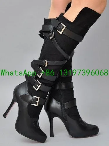 

Ladies pointed toe black calf boots sexy pure black metal buckle decorative boots side zipper daily spring/fall boots footwear