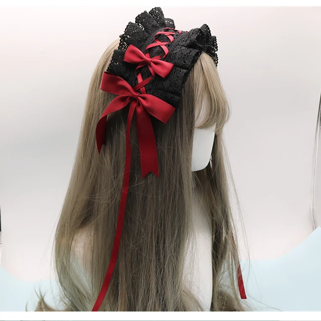 Urocza kokardka słodka obręcz do włosów Anime pokojówka Cosplay opaska na głowę Lolita koronkowy kwiat nakrycia głowy akcesoria ręcznie robione