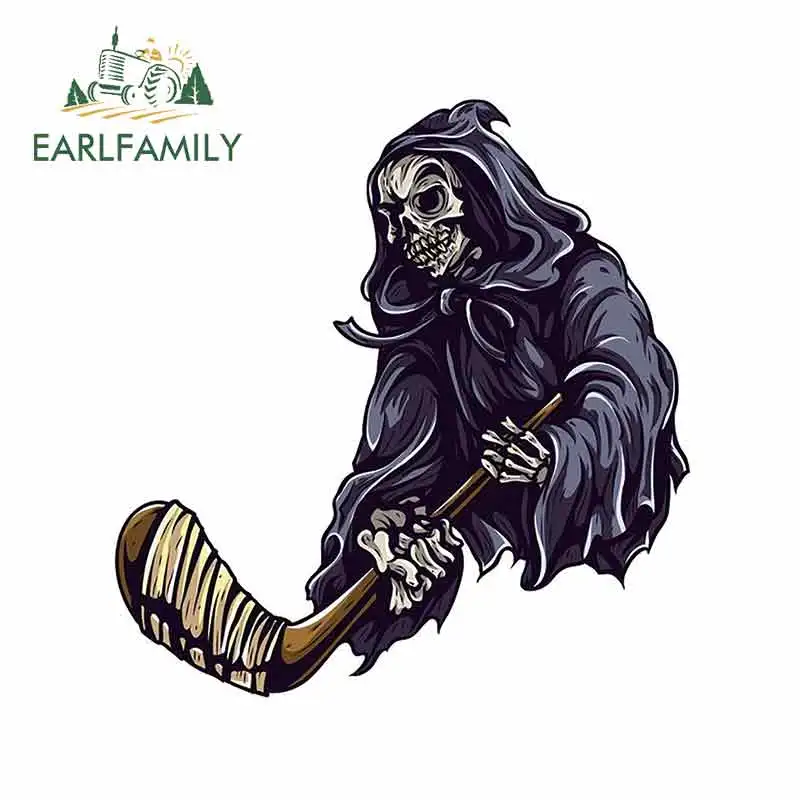 EARLFAMILY 13cm x 12.4cm for Skull Playing Ice Hockey Funny Car Stickers Vinyl CarDecal 3D Custom Printing for Vehicle Window