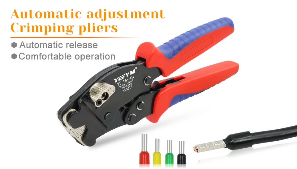 Aderendhülsen-Crimpzange YE 16-4H Rohrklemmen 0,08–16 mm2/30–5 AWG Mini-Zange, Einstellknopf zur Steuerung elektrischer Klemmen YEFYM – Detail 1
