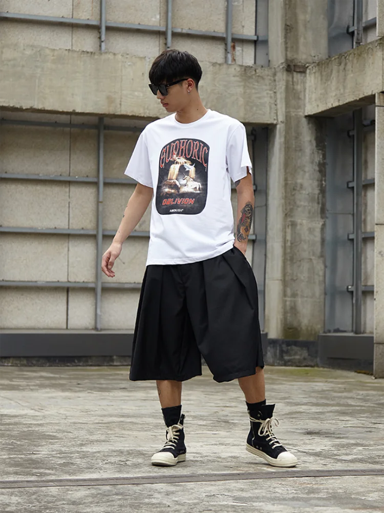 

Men's traditional casual wide-leg five-cent pants black loose straight pants go with fashion