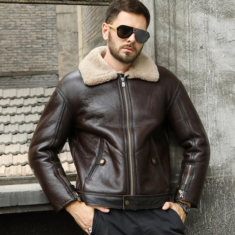 Denny&Dora New Mens Sheepskin Shearling Jacket Brown Leather Jacket Slim Short Motorcycle Jacket Thicken Wool Coat