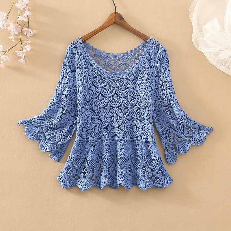 2023 spring and summer fashion new temperament casual outer wear short loose openwork sweater women Western style all-match