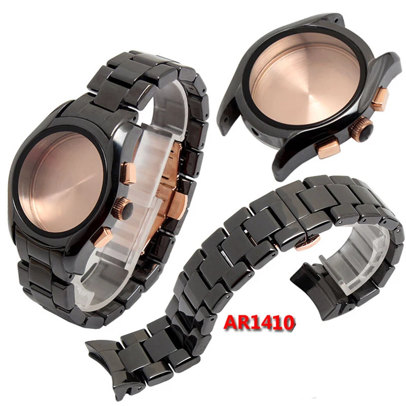 For Armani AR1452 AR1451 AR1410 AR1400 Ceramic watchband and case High Quality Black men Strap Bracelet Accessories 22mm 24mm