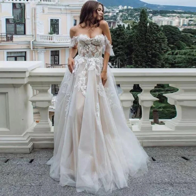 

VENSANAC Sexy Sweetheart A Line Wedding Dresses Off Shoulder Champagne Liner Tulle Appliques Sweep Train Bridal Gowns