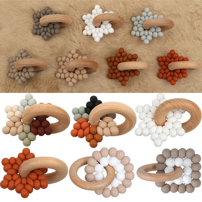 Food Grade Silicone Beads Baby Teether Beech Wood Ring Teething Newborn Bracelet Play Gym Silicone Teether Montessori Baby Toys