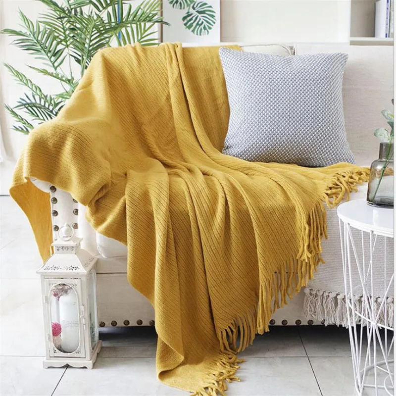 Solid Plain Throw Blanket Geometric Sofa Bed Knitted Covers Blanket With Tassel Multifunction Sofa Blankets Towel For Beds