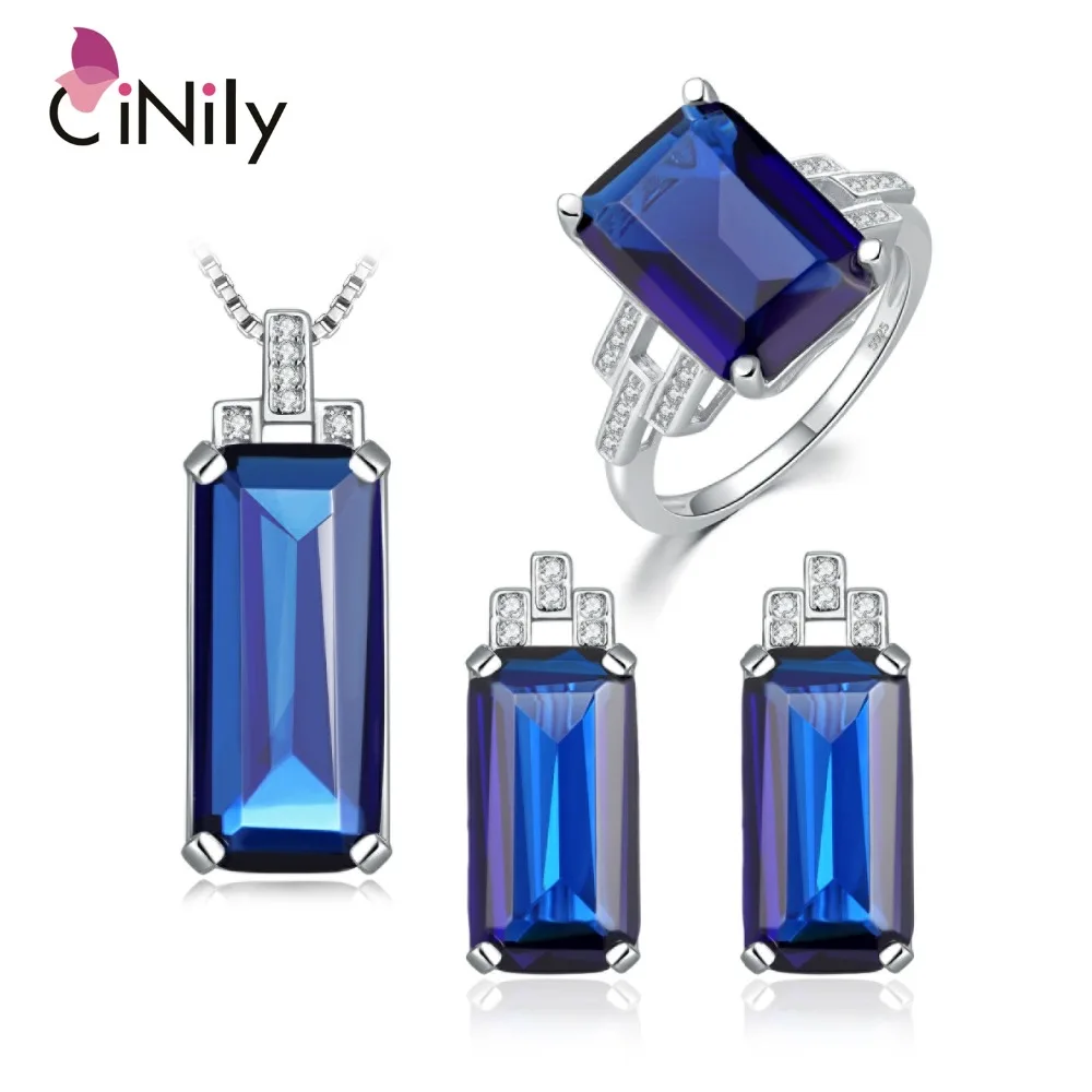 CiNily Emerald Red Ruby Sapphire 925 Sterling Silver Jewelry Sets for Party Women Fine Jewelry Pendant Earring Ring Size 6-9