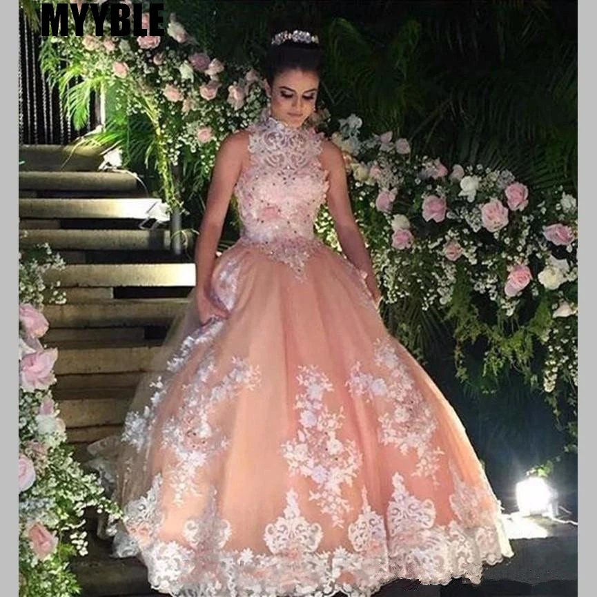 Słodki 16 rok koronki szampana Quinceanera sukienki 2021 vestido debutante 15 anos suknia na szyję Sheer Prom sukienka na imprezę