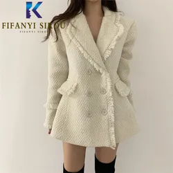 Autumn Winter Thick Warm Tweed Blazer Jacket Women Double Breasted Fashion Tassel Suit Jacket Female Chic Loose Blazers Coat