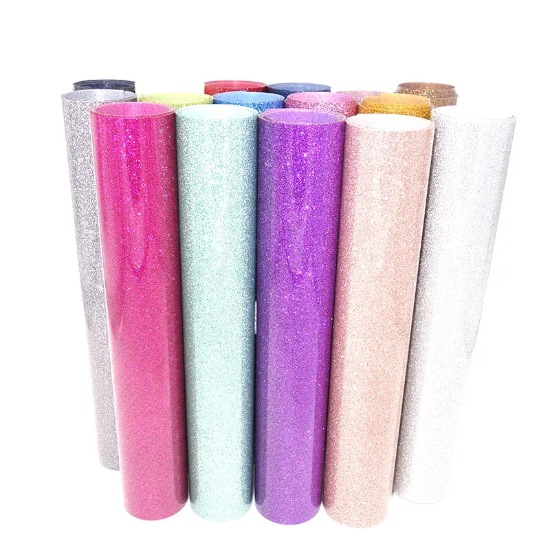 Vinile glitterato a trasferimento termico termoadesivo per vestiti Camicia HTV pellicola decorativa ad alta elasticità facile da tagliare 16 colori 3 dimensioni
