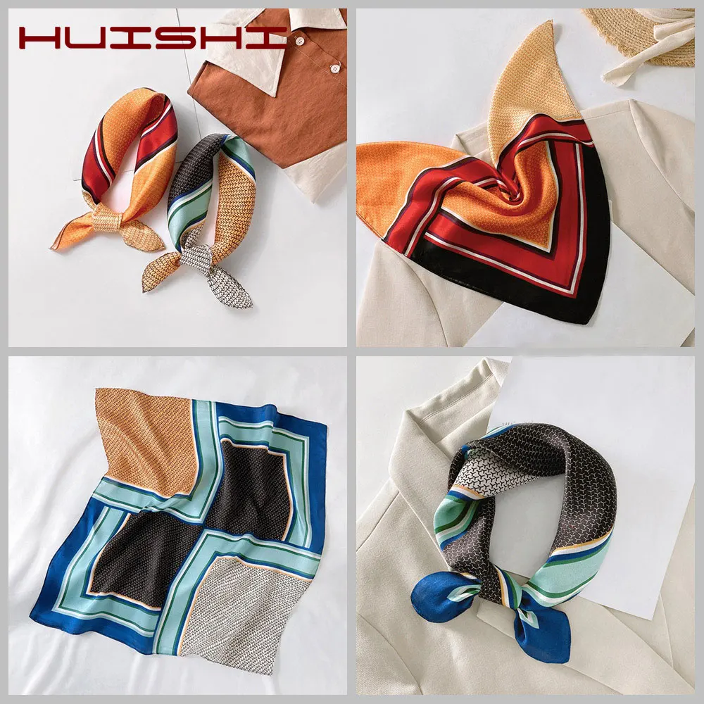 HUISHI Bag Scarf Women Square Silk 53cm Print Plaid Small Neck Scarfs Office Lady Hair Band Kerchief Female Bandana Shawl Check