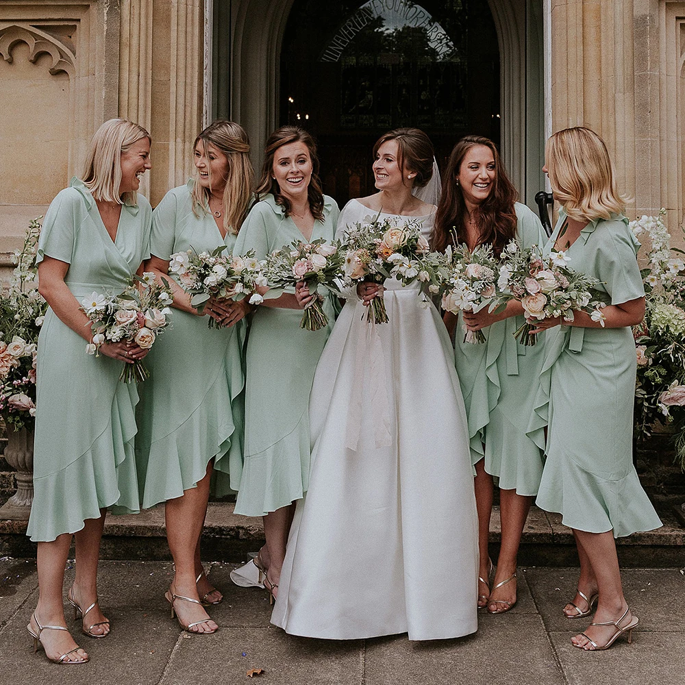 Tea Length Ruffled Chiffon V Neck Bridesmaid Dress Customized Simple Mint Green High Low Wedding Guest Evening Cocktail Gown