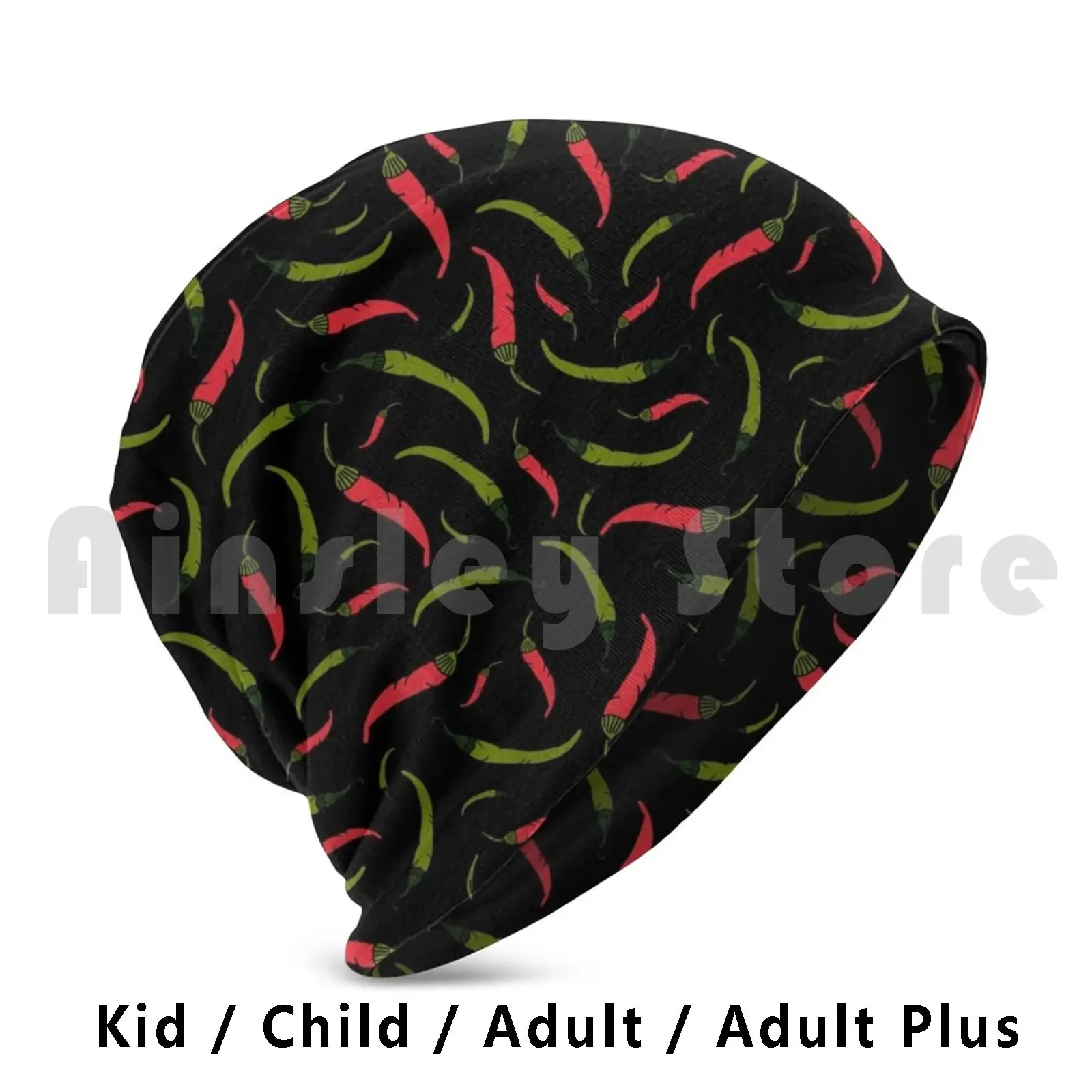 Red And Green Chilli Peppers On Black Beanies Knit Hat 3044 Beanies Print Chili Chilis Chillies Chillie Pepper