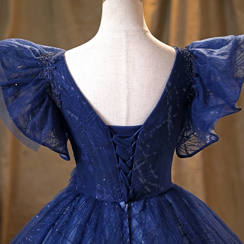 AnXin SH vintage azul marino flor encaje o cuello rebordear cristal princesa volantes manga corta vestido de baile vestido de noche personalizado