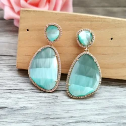 1 Pair Cat Eyes' Gem stone Jewelry Drop Opal Stone Earrings, Micro Pave CZ Faceted Stone Dangle Earrings For Women Jewelry ER432