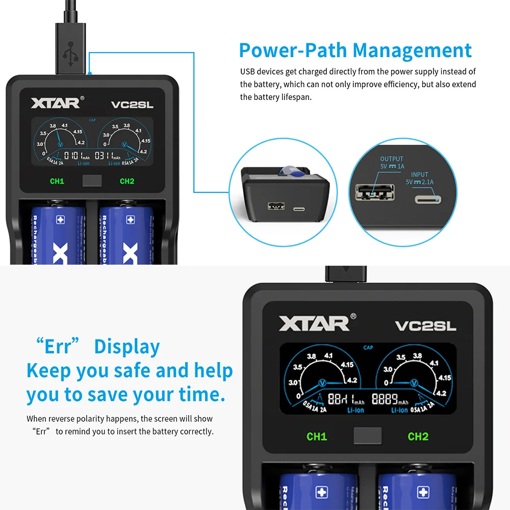 XTAR 18650 Battery Charger Powerbank Function USB Type-C Charging Rechargeable Li-ion Batteries 21700 1.2V AAA AA Charger VC2SL