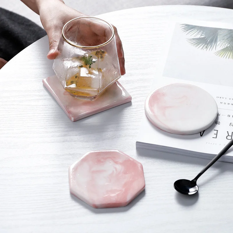 Ins Marble Ceramic Coaster Coffee Tea Cup Mat Dinner Bottle Pad Placemats Table Decoration Accessories 1pc Pink Grey Tablemat