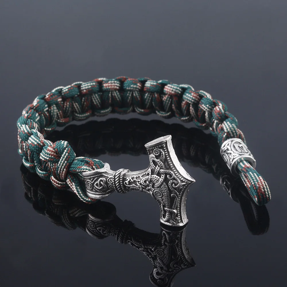 Paracord Handmade Rope Norse Viking Wristband Bracelet Thor's Hammer Charm Nordic Runic Bead Bracelets Bangles for Men Jewelry