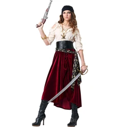 Lady Carnival Halloween Caribbean Pirate Costume Top Skirt Elizabeth Outfit Cosplay Fancy Party Dress