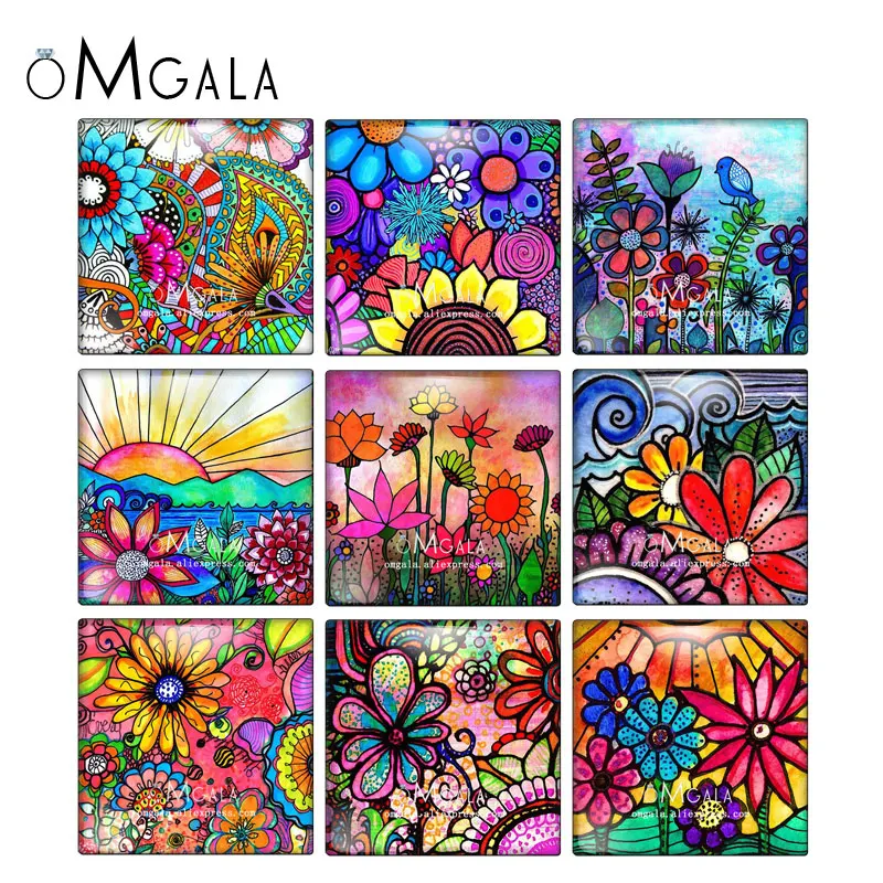 

Art Colorful Oil Painting Flowers Square 10pcs mixed 12mm/20mm/25mm/30mm photo glass cabochon demo flat back Making findings