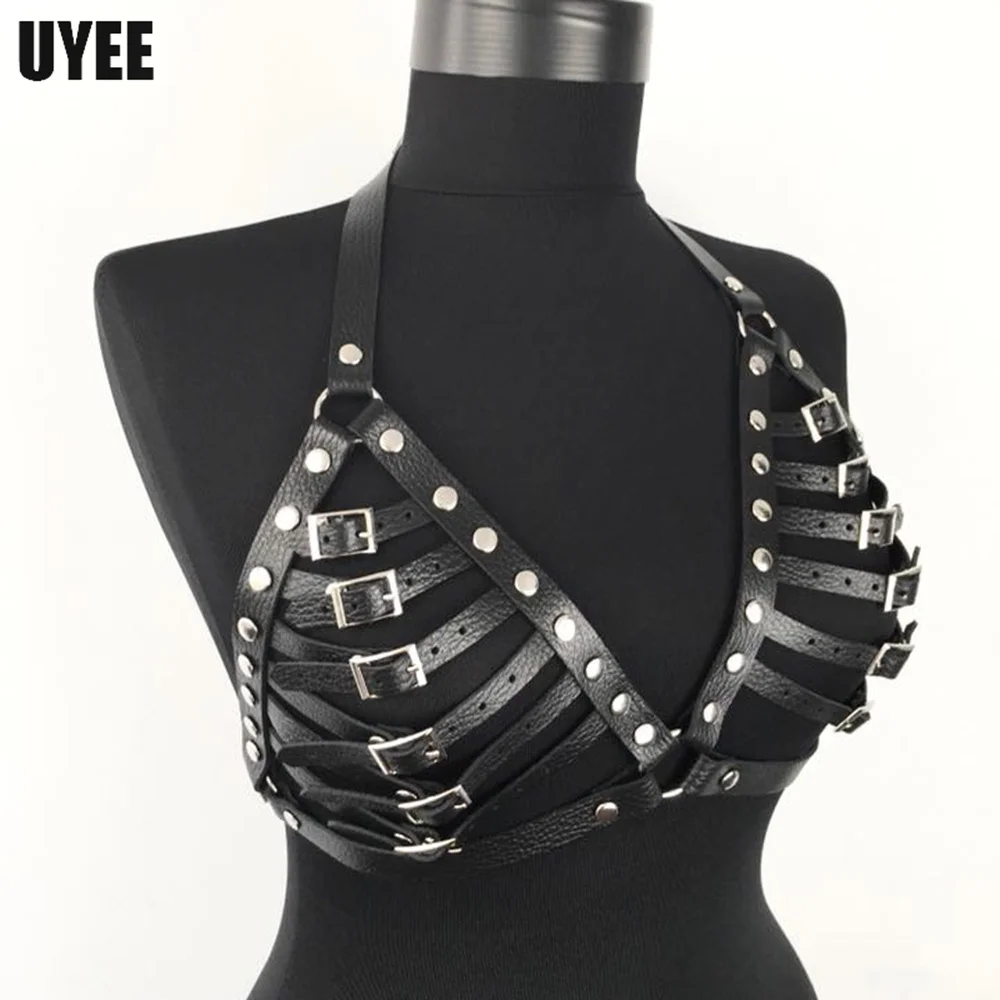 UYEE PU Leather Harness Bra Cage Strap Women Erotic Lingerie Harajuku Body Bondage Belt Chest Harness Sexy Underwear Suspenders