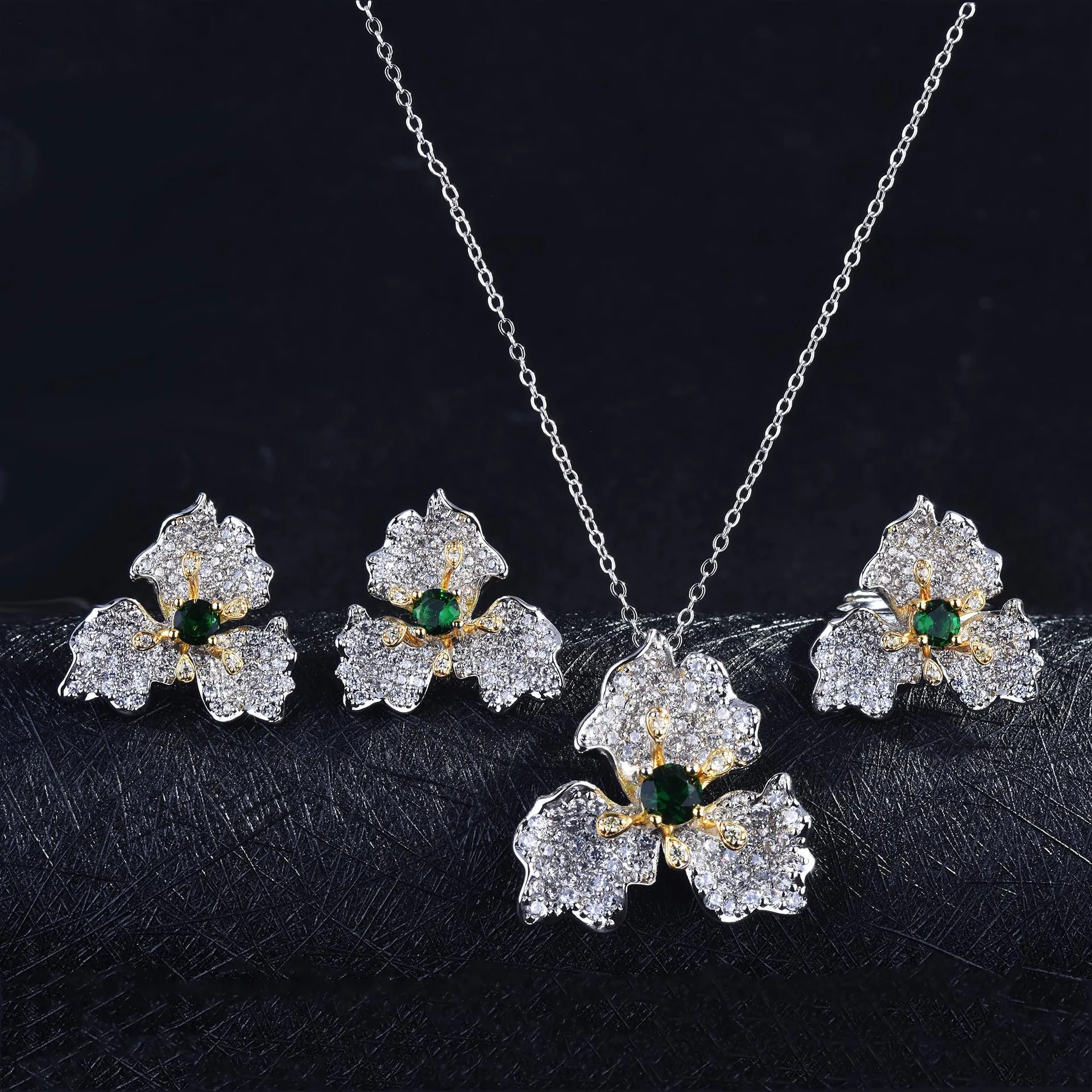 Elegant Trendy Zircon Flower Petals Jewelry Sets For Ladies Luxury Imitated Emerald Engagement Jewelry Birthday Gifts For Girl