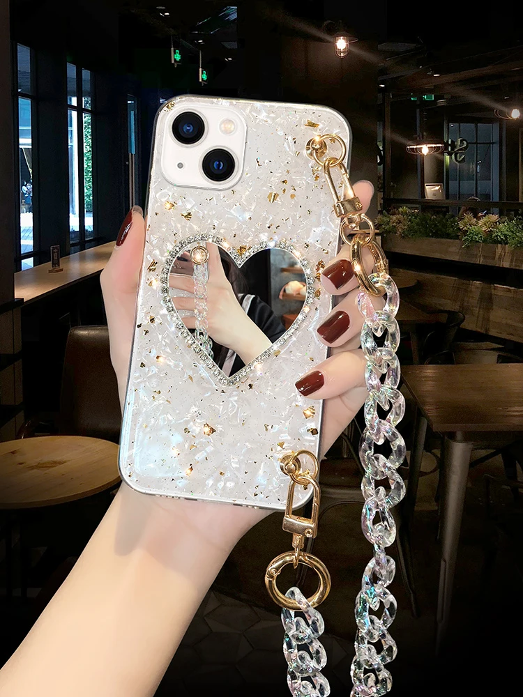 Cute 3d Diamond Heart Makeup Mirror With Lanyard Soft Case For Iphone 11 12 13 Pro Max 7 8 Plus Xr X Xs Se2 Iphone Cover Fundas