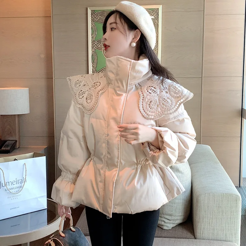 2021 Warm Black Jacket Women Quilted Coat Bubble Parkas Sequins Lace Turtleneck Cotton Padded Coat Zipper Short Winter Outwear